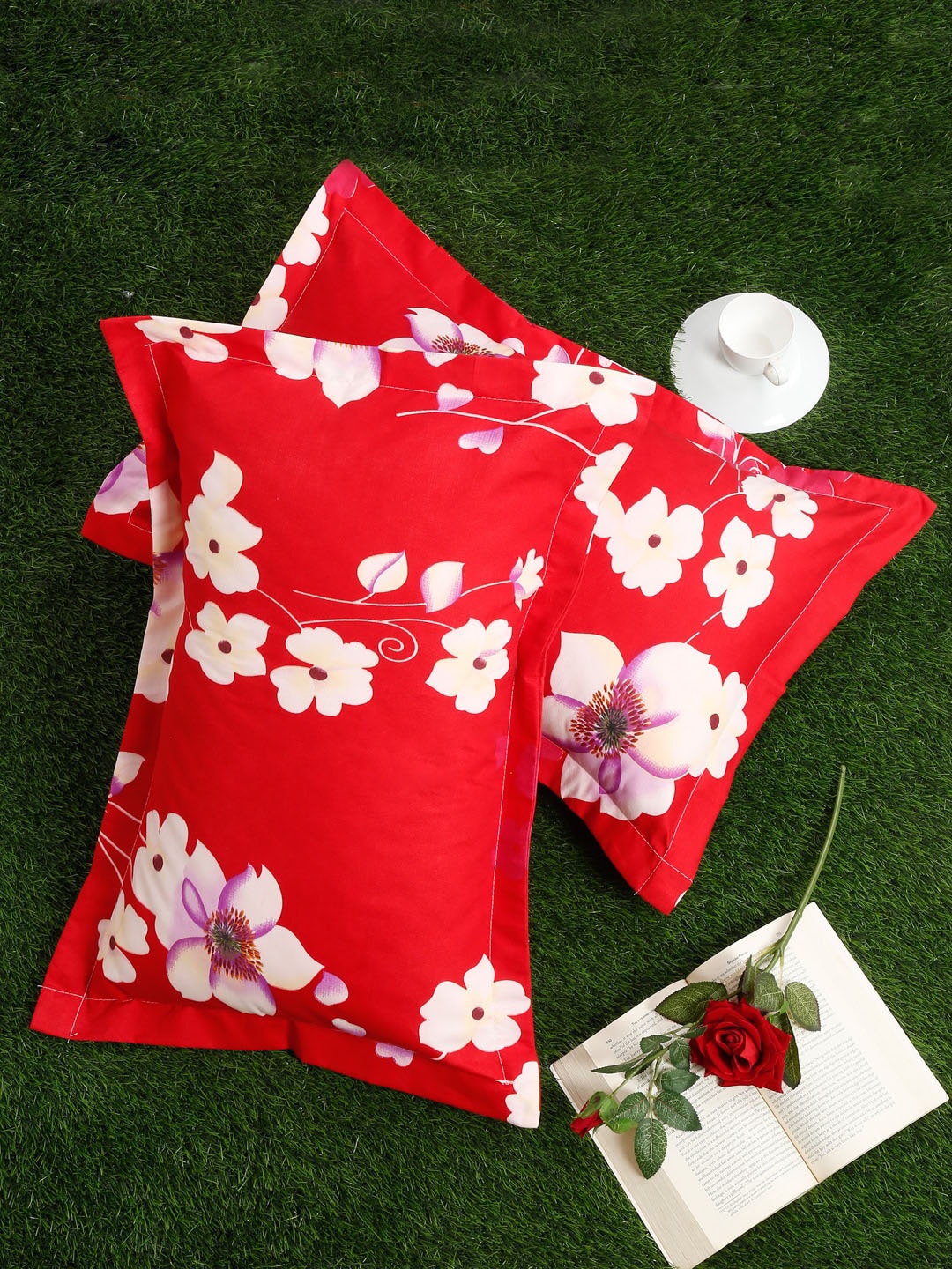 

SOKNACK Red Set Of 2 Floral Printed 280 TC Pillow covers