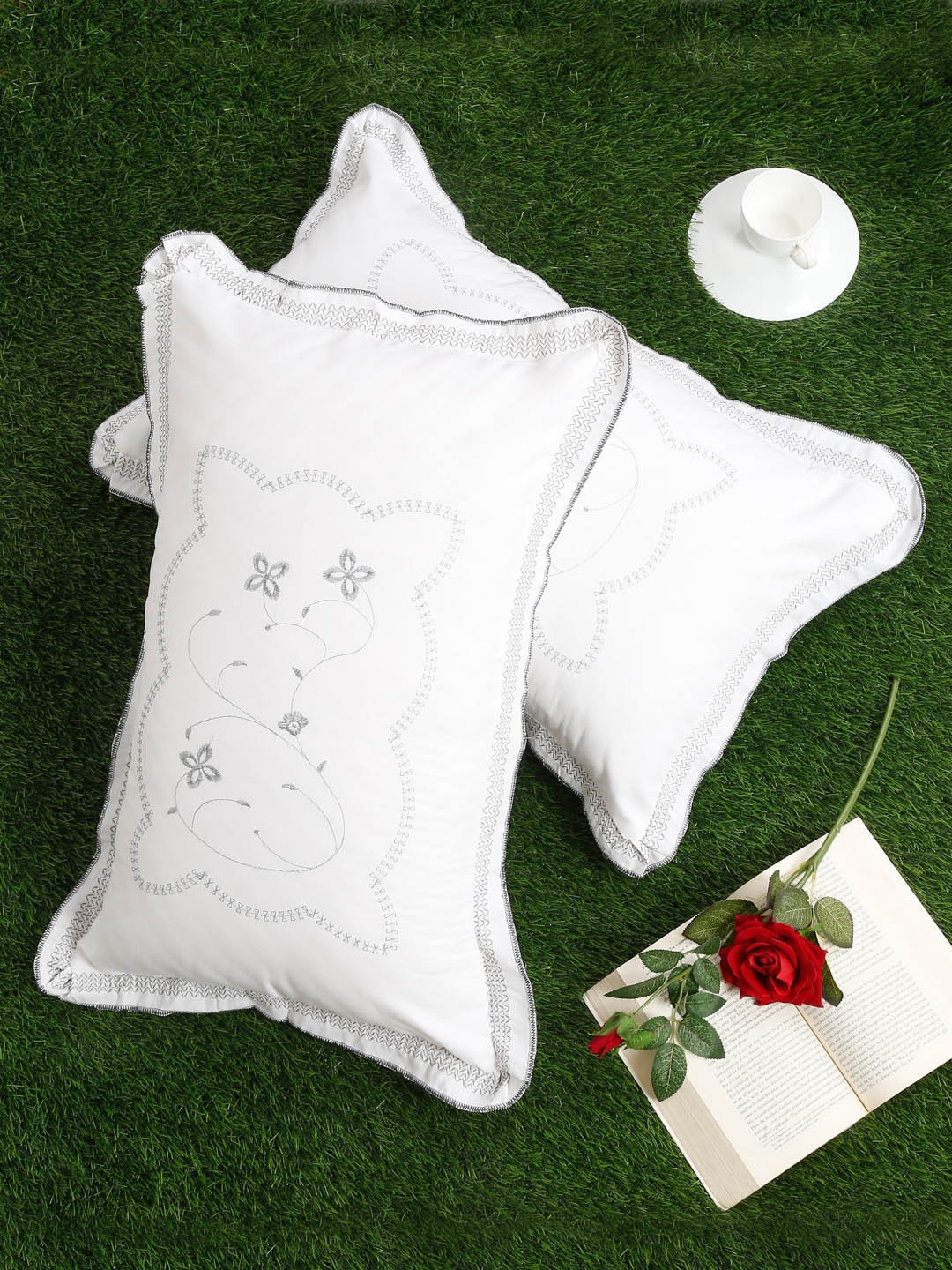 

SOKNACK Set Of 2 White Embroidered Pure Cotton 220 TC Pillow Covers