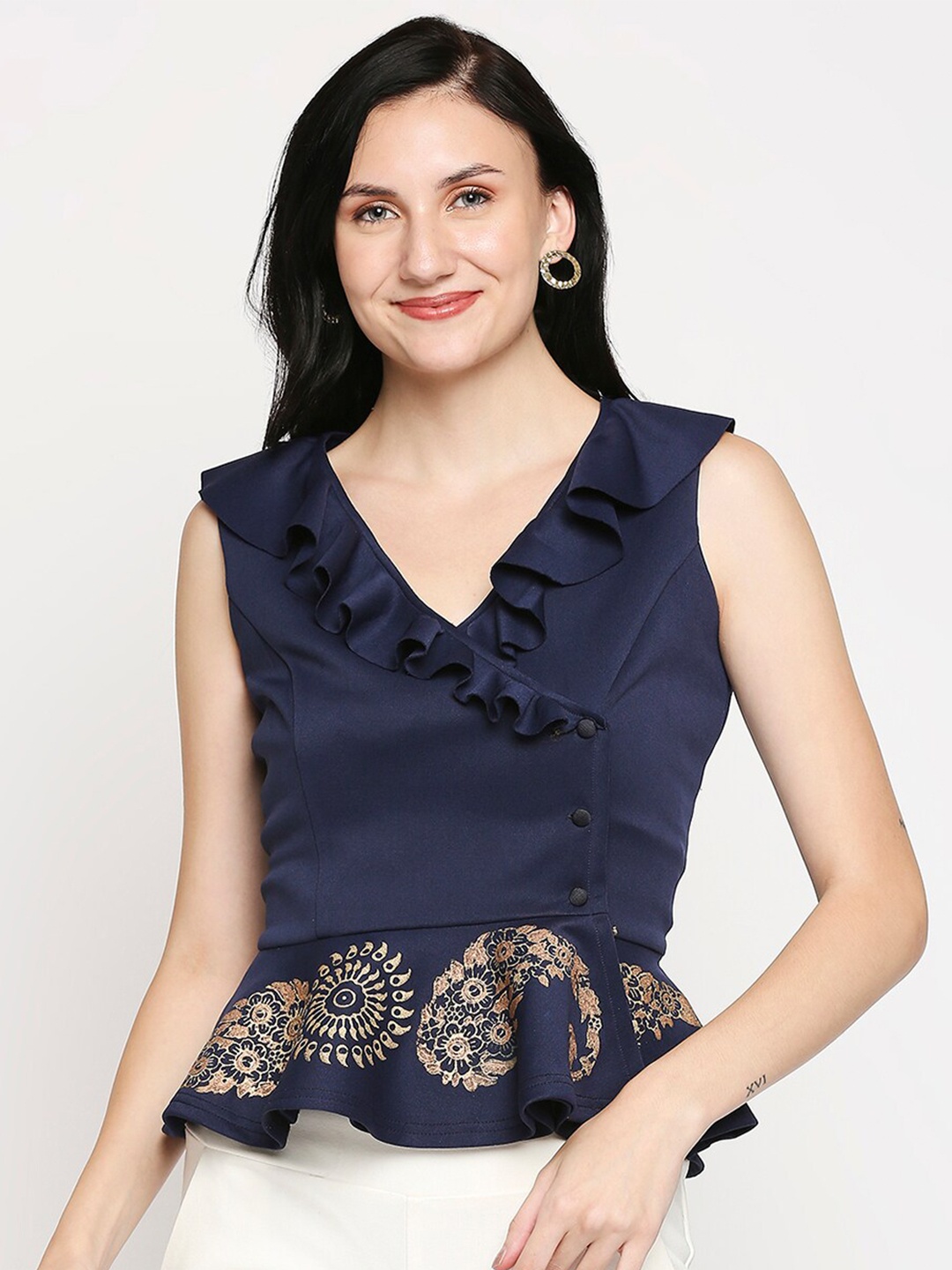 

Ira Soleil Navy Blue Print Scuba Wrap Top