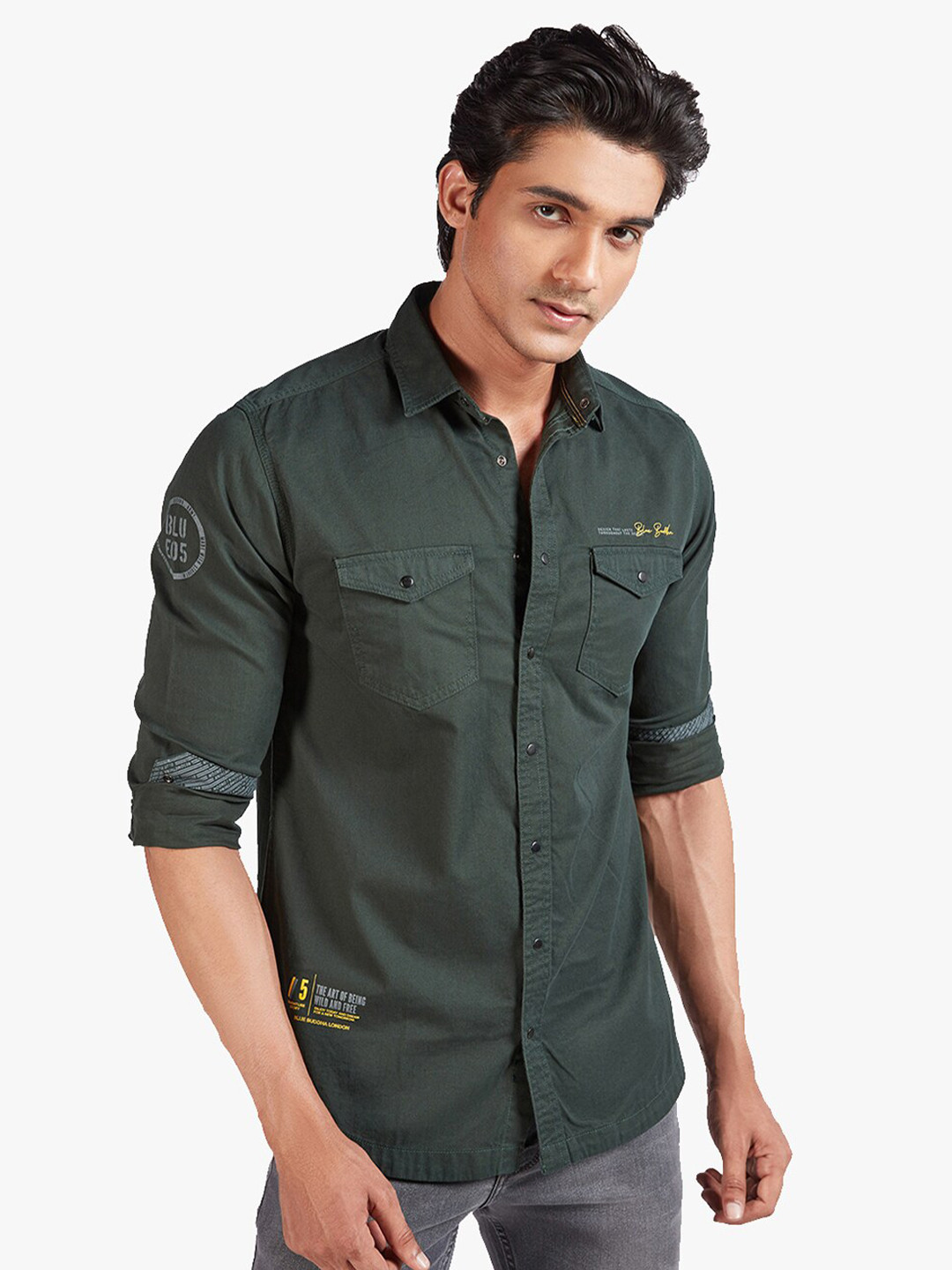 

Blue Buddha Men Olive Green Casual Cotton Shirt