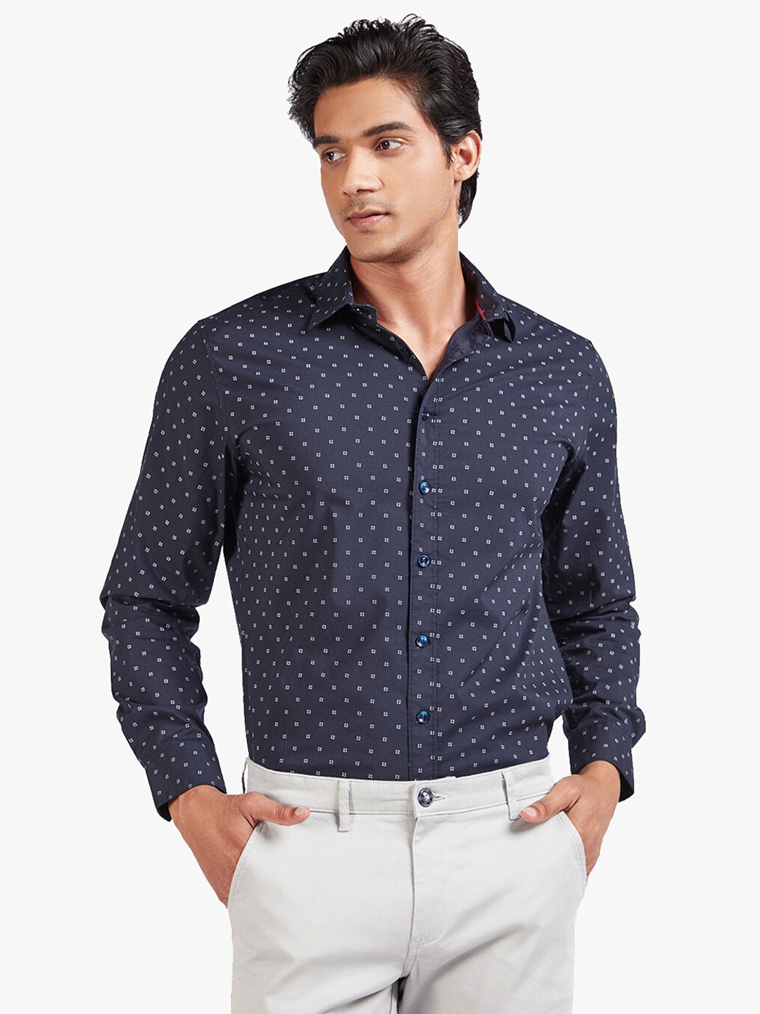 

Blue Buddha Men Navy Blue Printed Cotton Casual Shirt