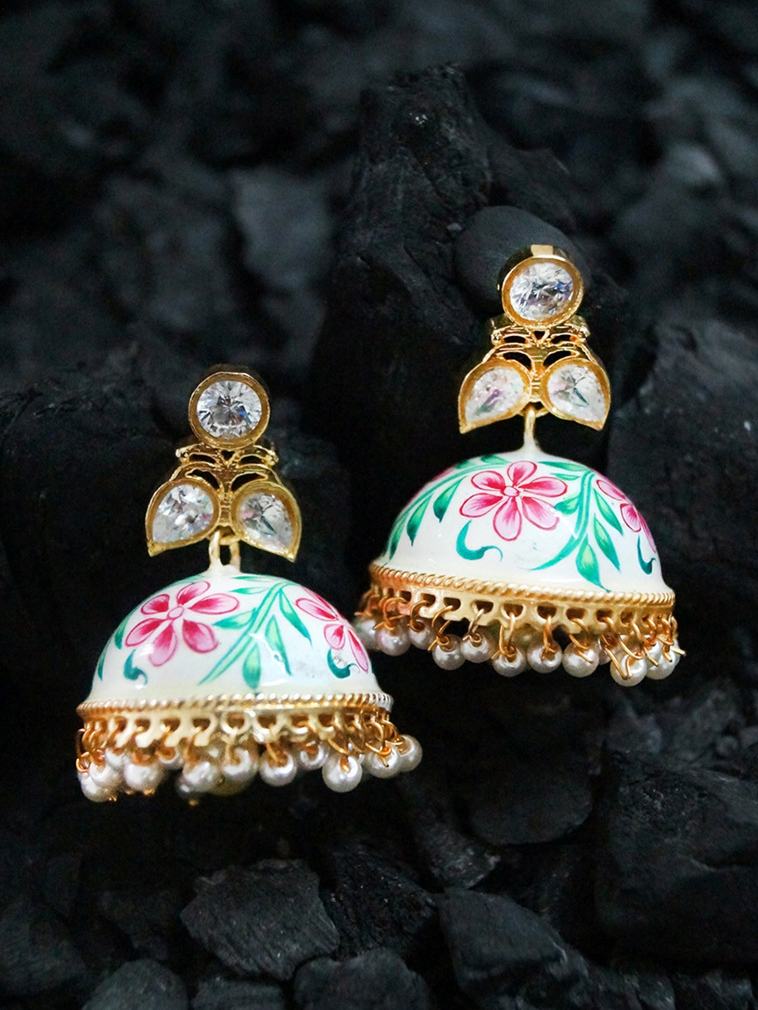 

Rubans Gold-Toned & White Hand Painted Kundan Jhumkas