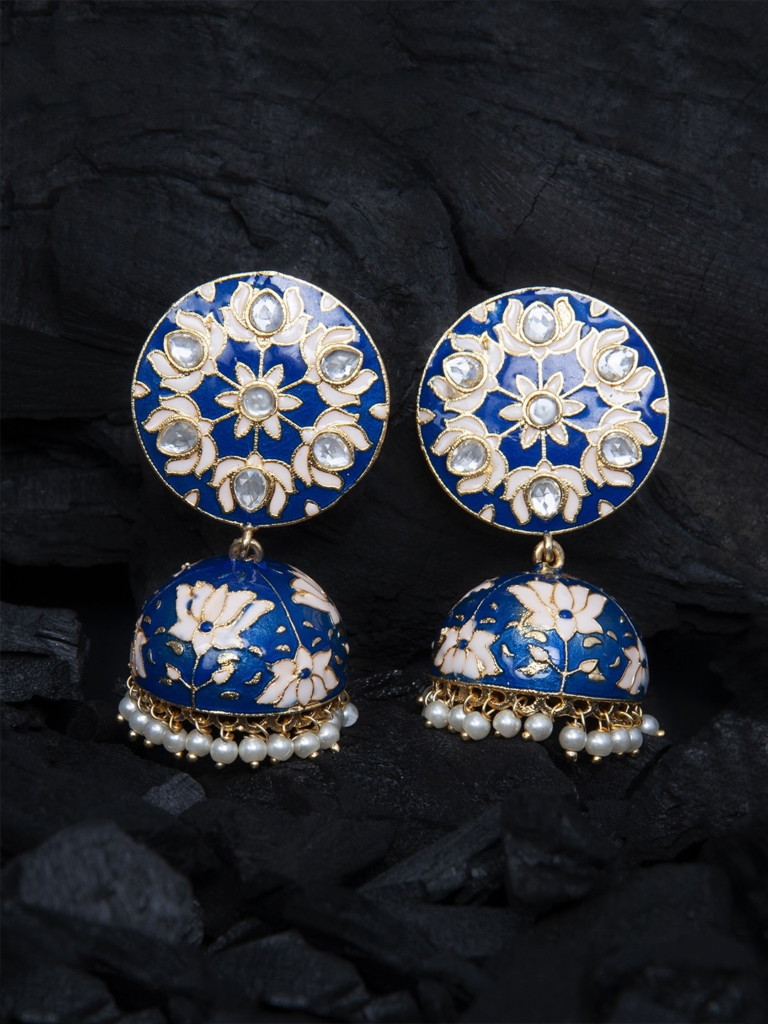 

Rubans Gold-Toned & Blue Kundan Jhumkas