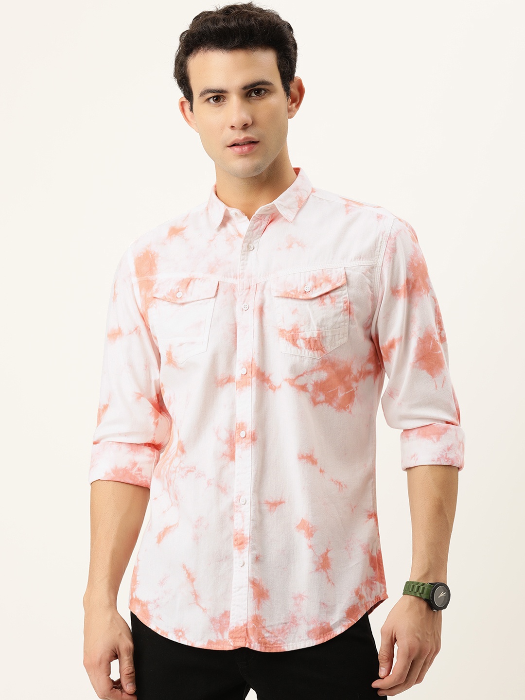 

Bene Kleed Men Tie & Dye Slim Fit Cotton Casual Shirt, Peach