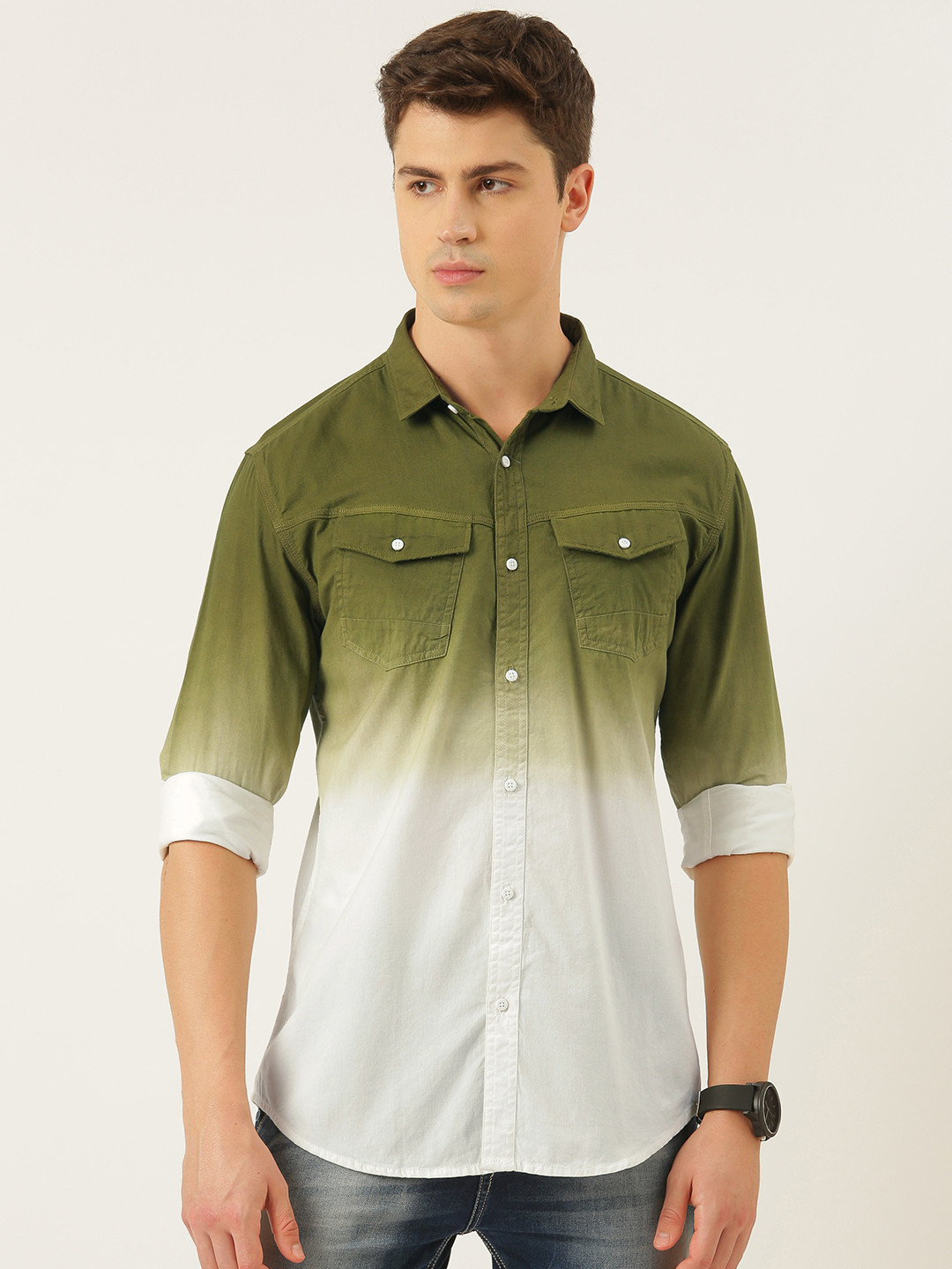 

Bene Kleed Men Green & White Standard Slim Fit Ombre Printed Pure Cotton Casual Shirt