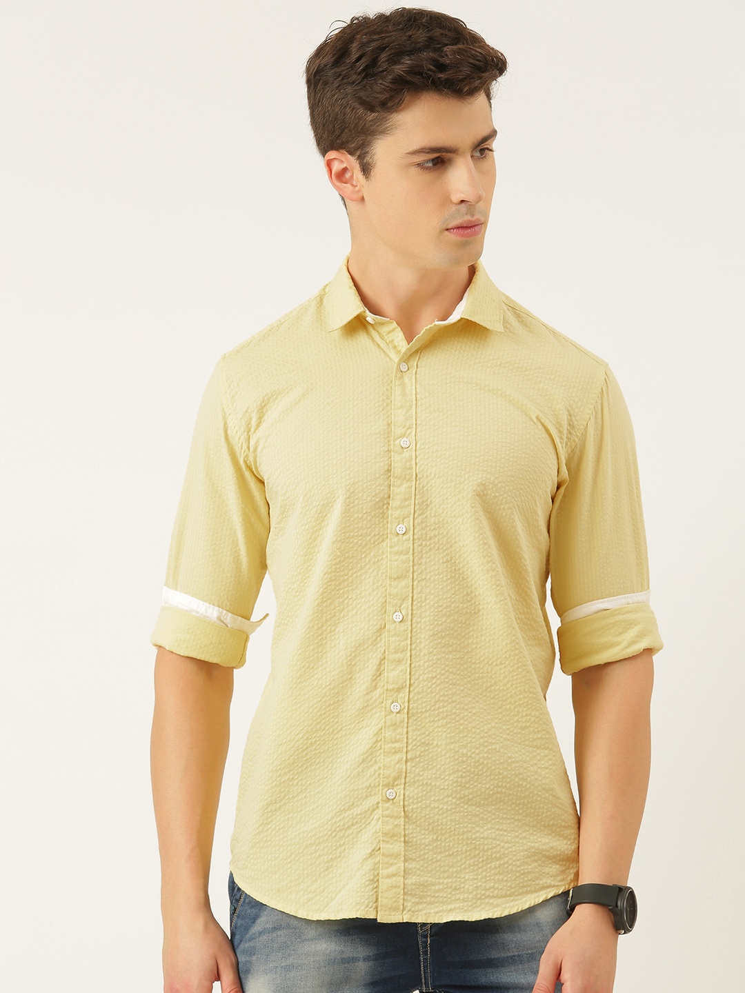 

Bene Kleed Men Lime Yellow Standard Seersucker Textured Pure Cotton Slim Fit Casual Shirt