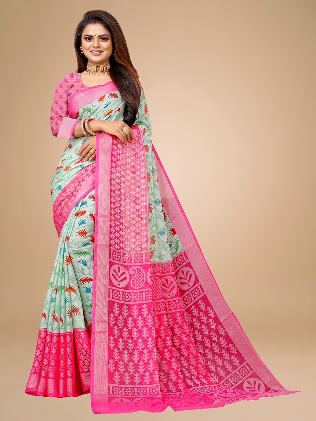 

Zombom Pink & Blue Ethnic Motifs Brasso Block Print Saree