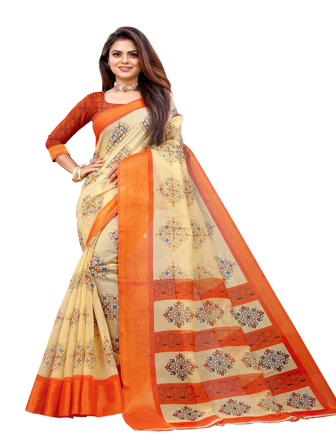 

Zombom Orange & Beige Ethnic Motifs Zari Silk Cotton Block Print Saree