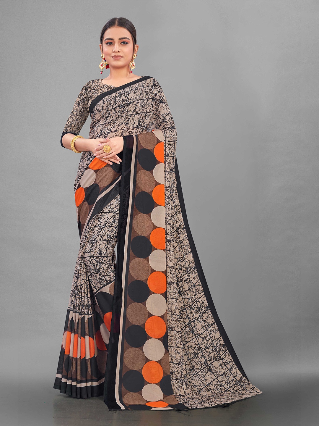 

Zombom Beige & Black Block Print Saree