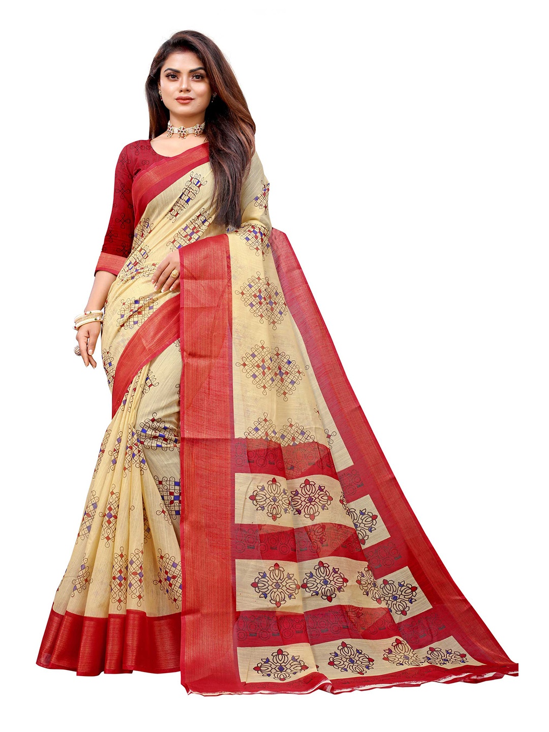

Zombom Red & Beige Ethnic Motifs Silk Cotton Block Print Saree