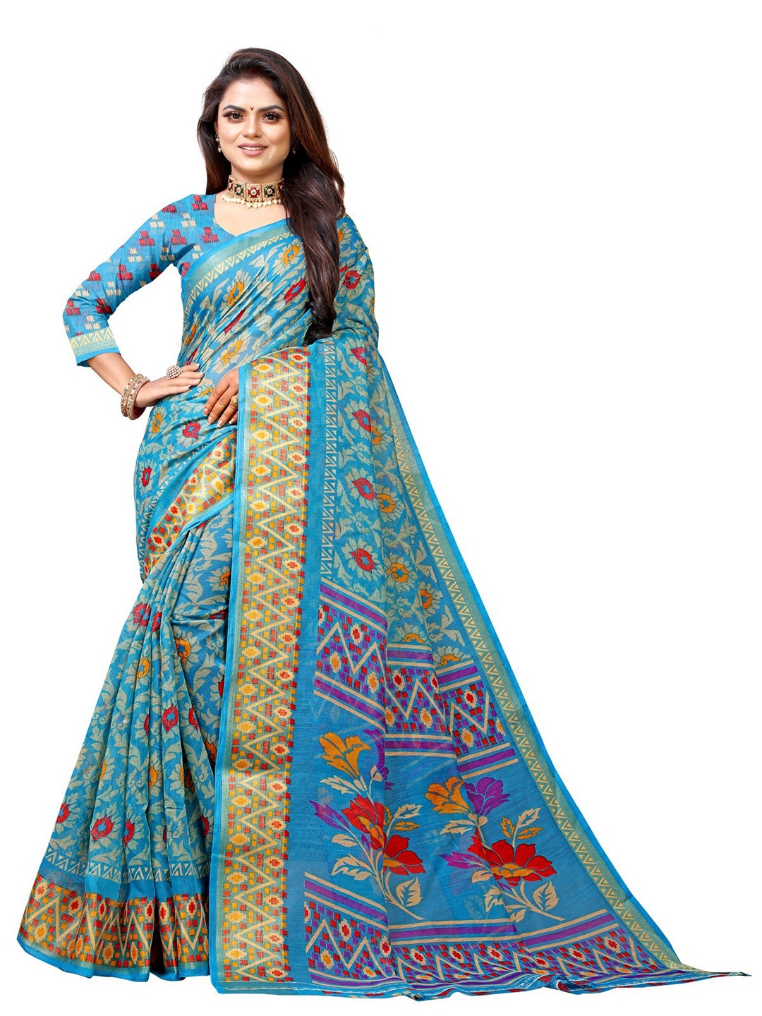 

Zombom Turquoise Blue & Red Ethnic Motifs Silk Cotton Block Print Saree