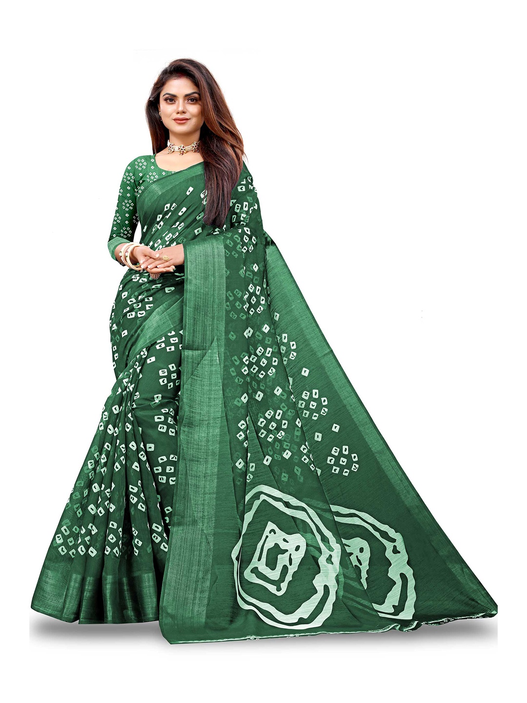 

Zombom Green & White Bandhani Silk Cotton Bandhani Saree