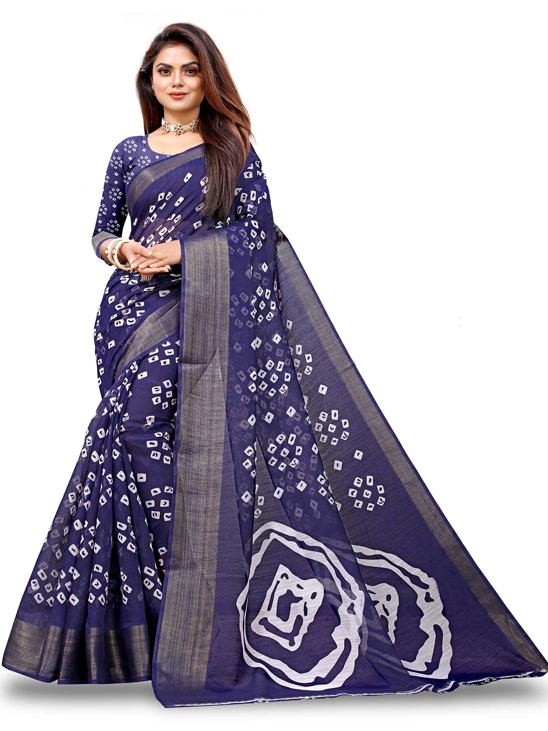 

Zombom Navy Blue & White Bandhani Silk Cotton Bandhani Saree