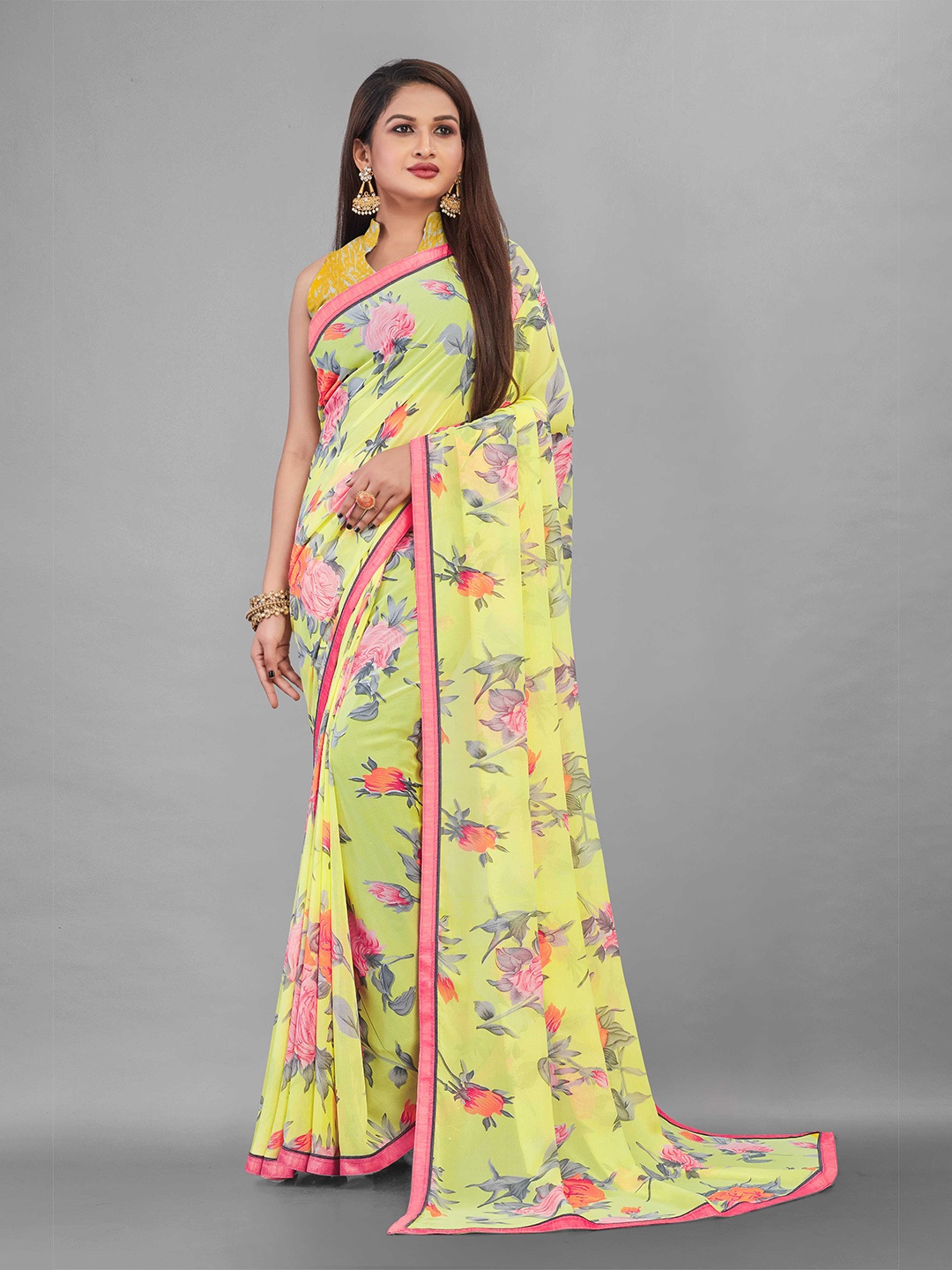 

Zombom Yellow & Pink Floral Block Print Saree