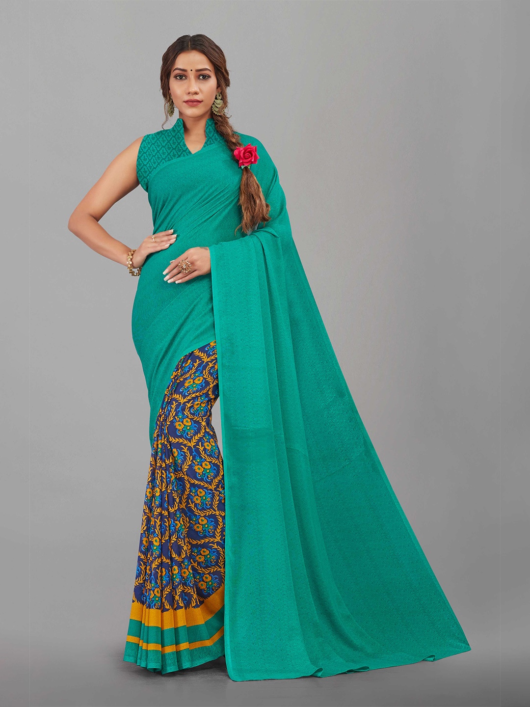 

Zombom Teal & Blue Floral Block Print Saree