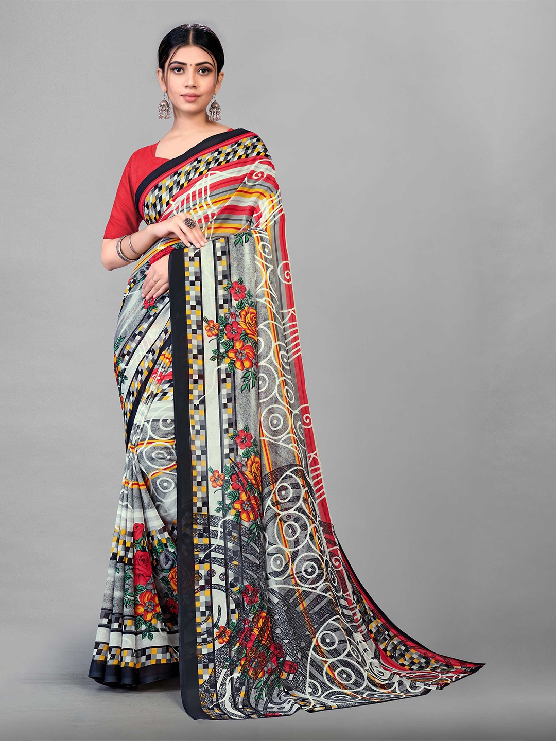 

Zombom Grey & Black Floral Block Print Saree