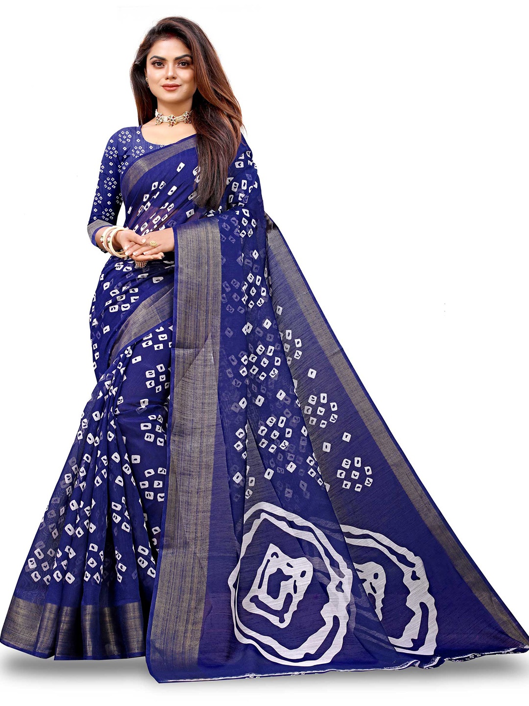 

Zombom Blue & White Bandhani Zari Silk Cotton Bandhani Saree