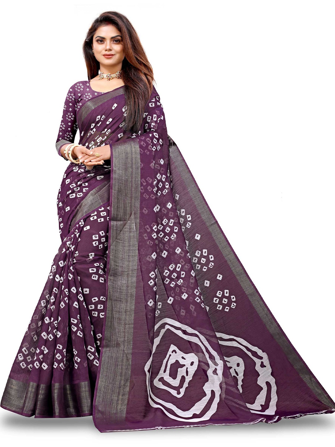 

Zombom Women Purple & White Bandhani Silk Cotton Saree