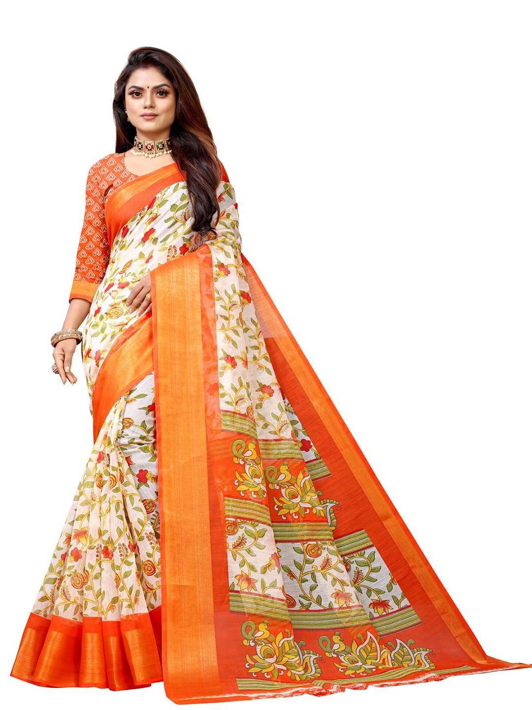 

Zombom Orange & White Floral Zari Silk Cotton Block Print Saree