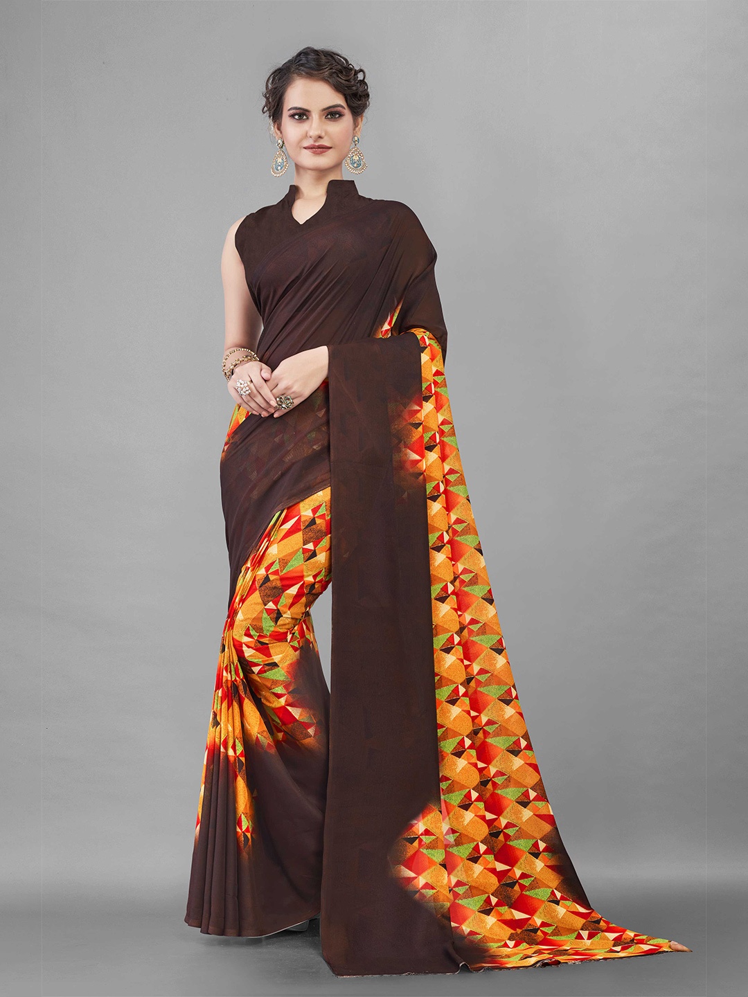 

Zombom Brown & Orange Printed Saree