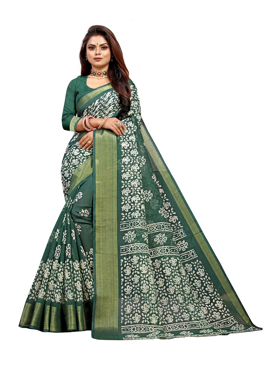 

Zombom Green & White Batik Zari Silk Cotton Block Print Saree