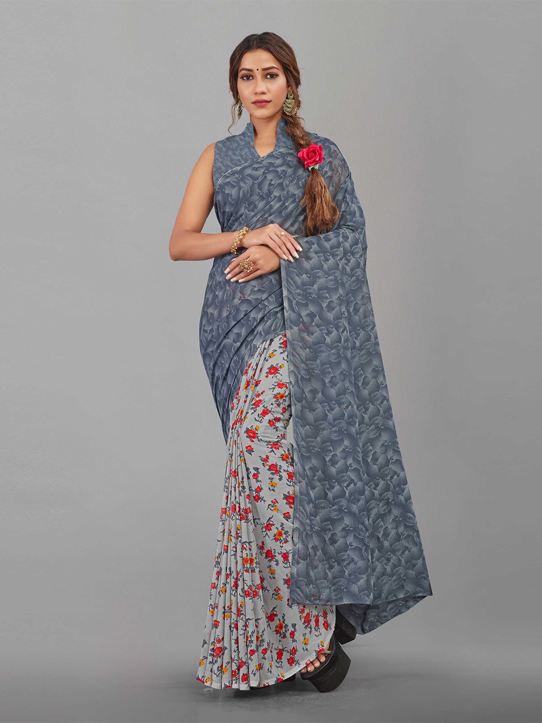 

Zombom Grey & Red Floral Printed Saree