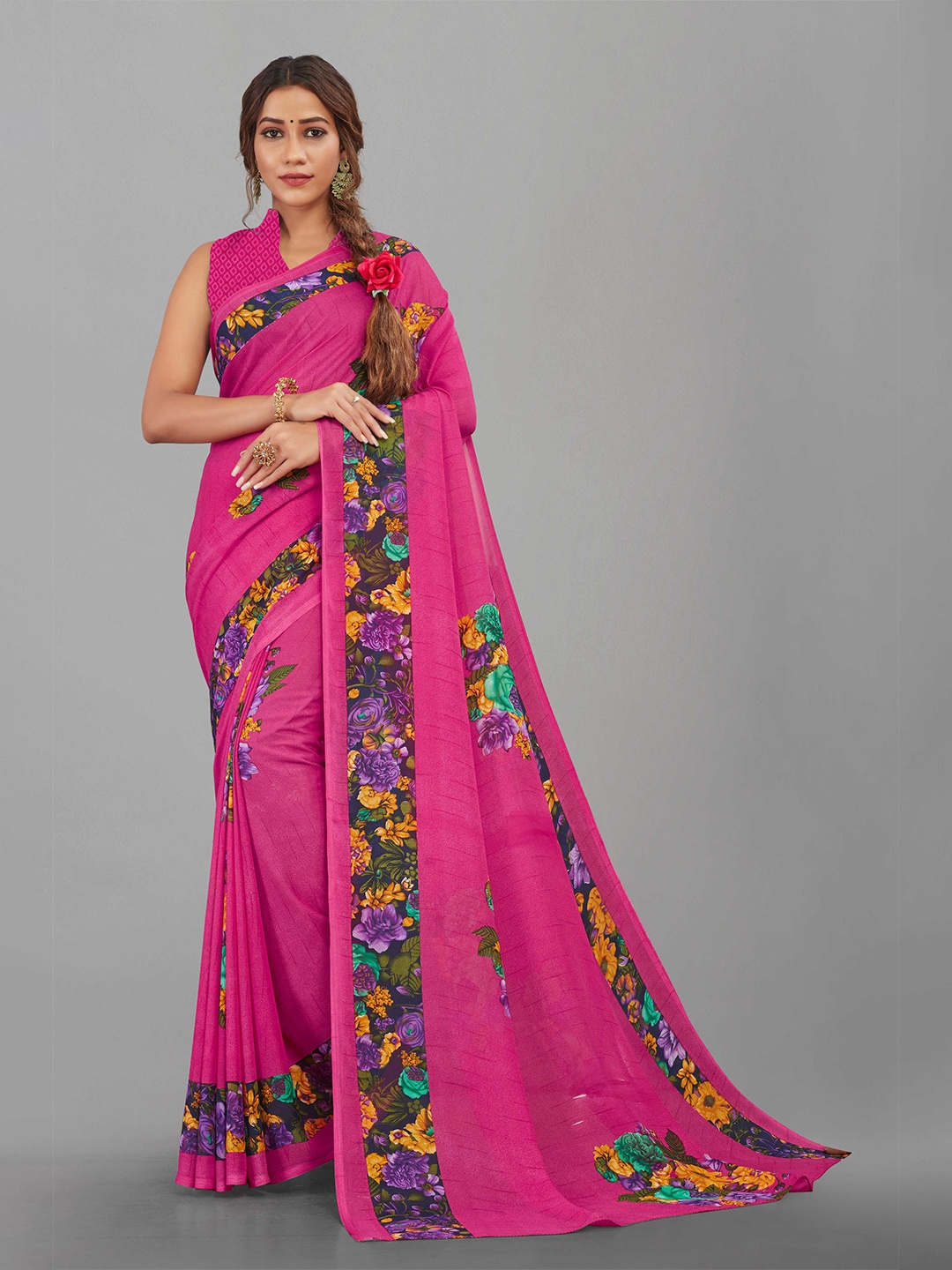 

Zombom Pink & Navy Blue Printed Floral Traditional Saree