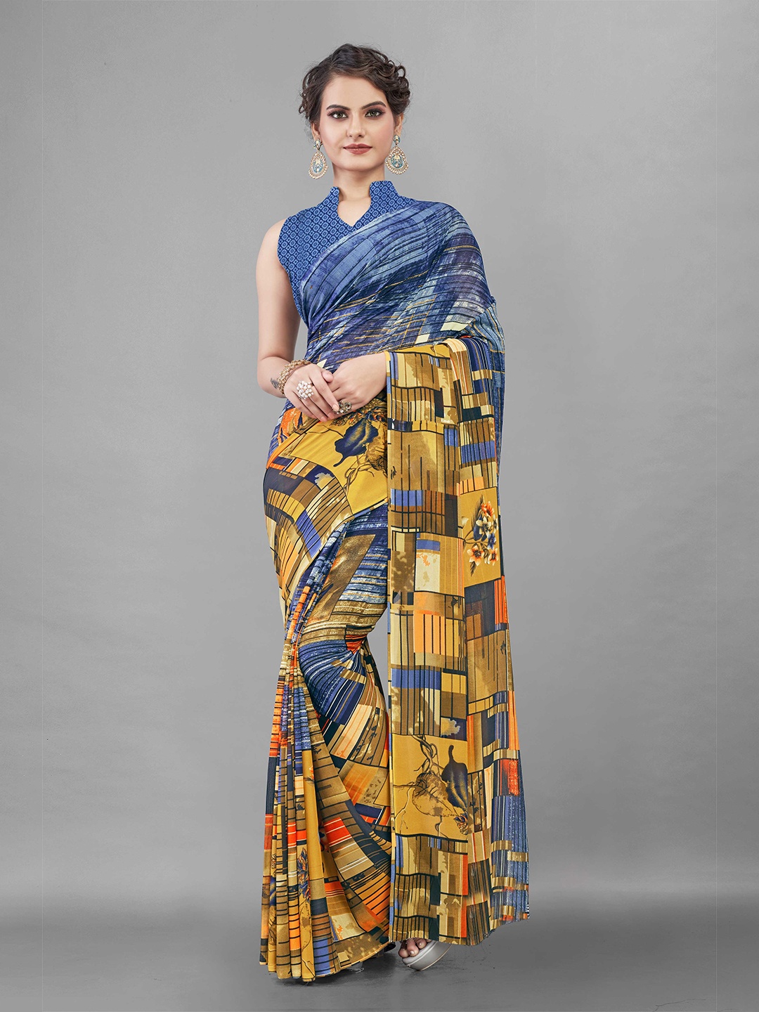 

Zombom Blue & Yellow Printed Floral Saree