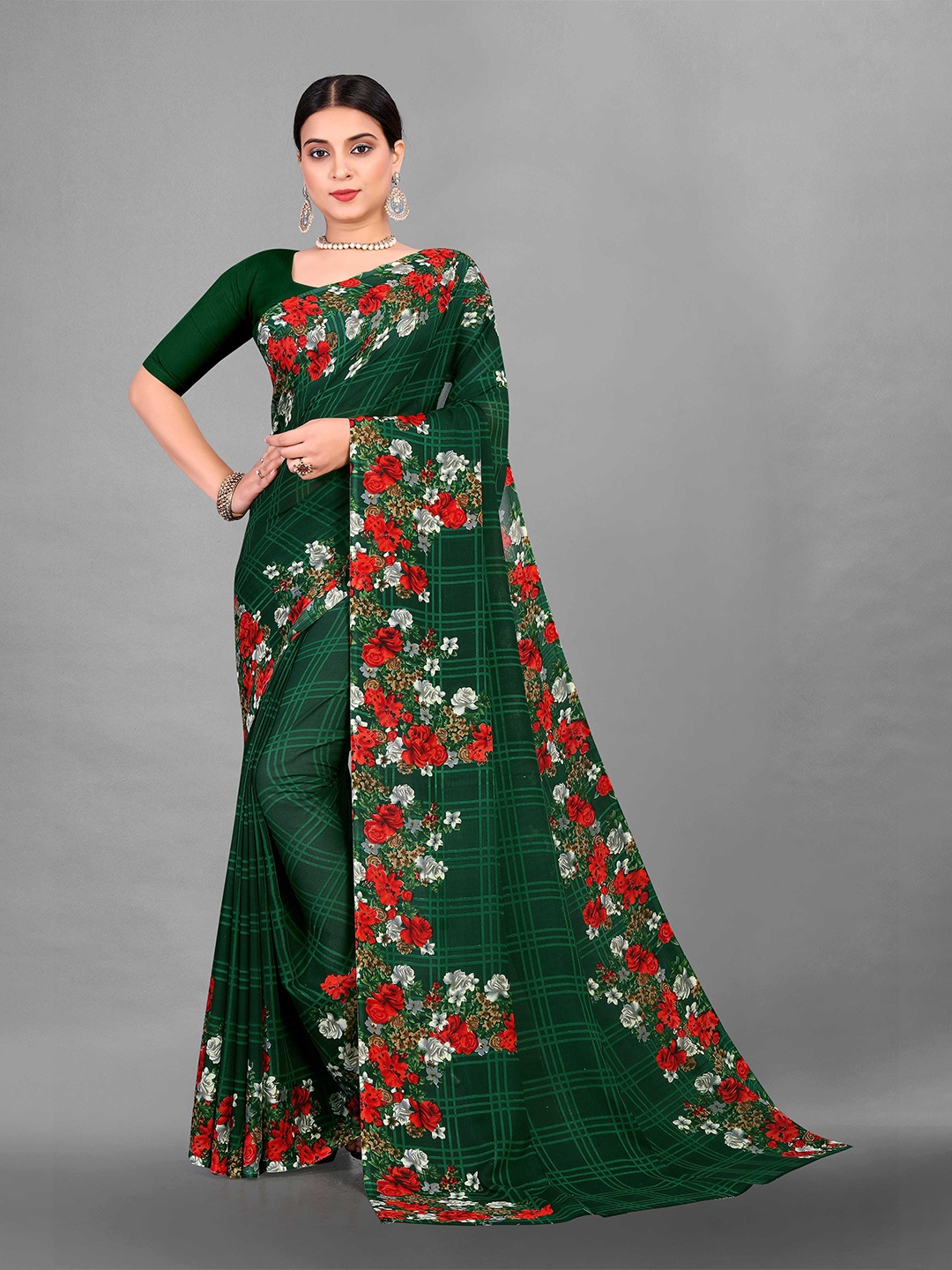 

Zombom Green & Red Printed Floral Block Saree