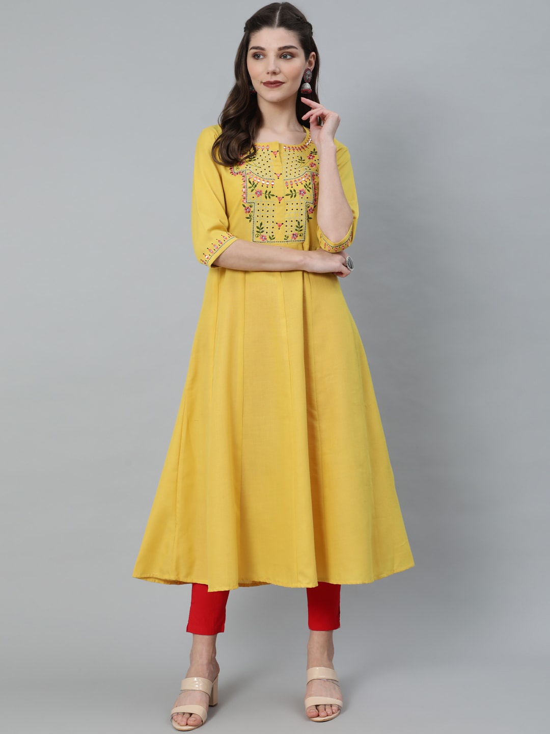 

antaran Women Yellow Yoke Design Thread Work Anarkali Kurta
