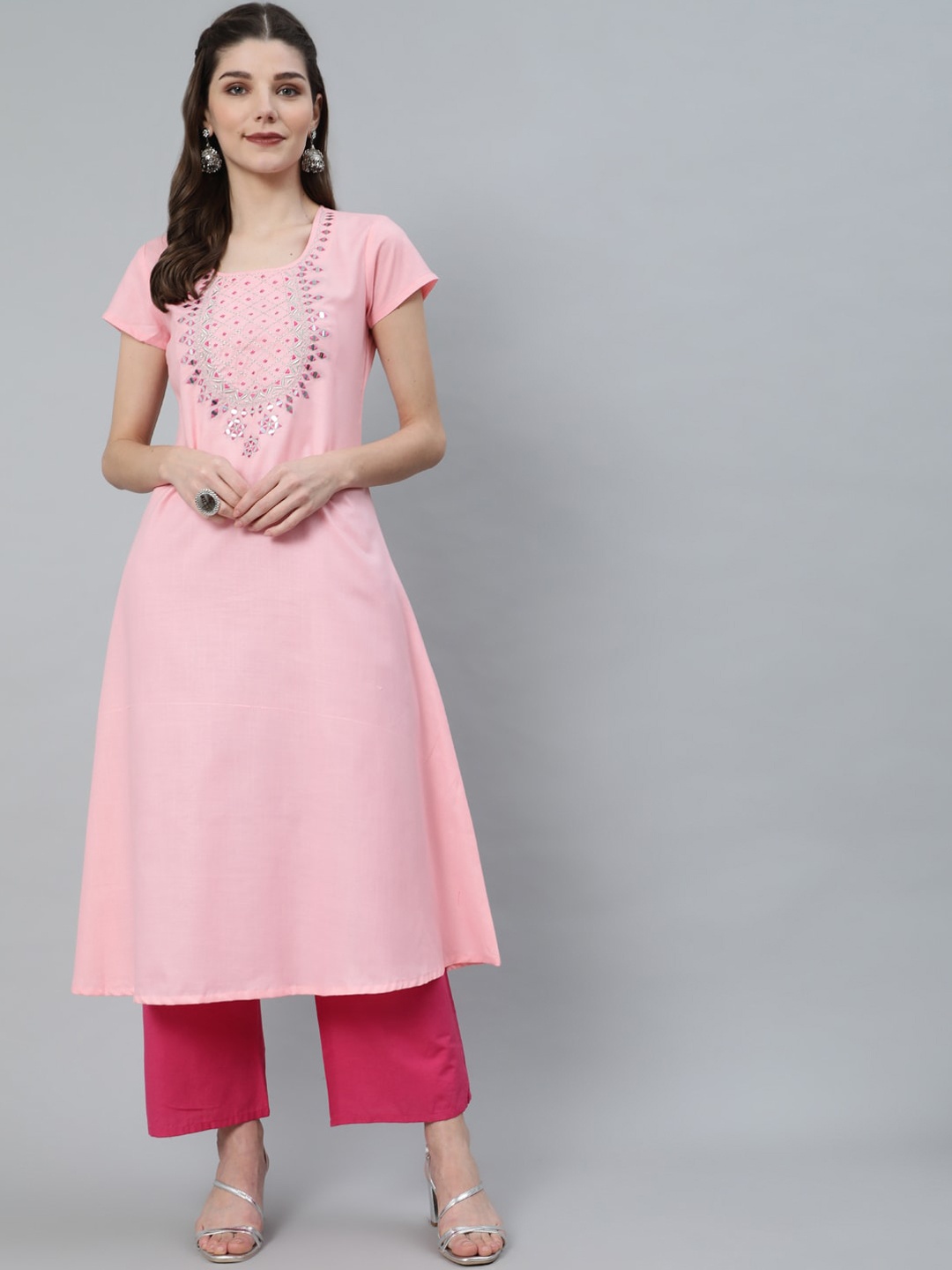 

antaran Women Pink Yoke Design Mirror Work Kurta