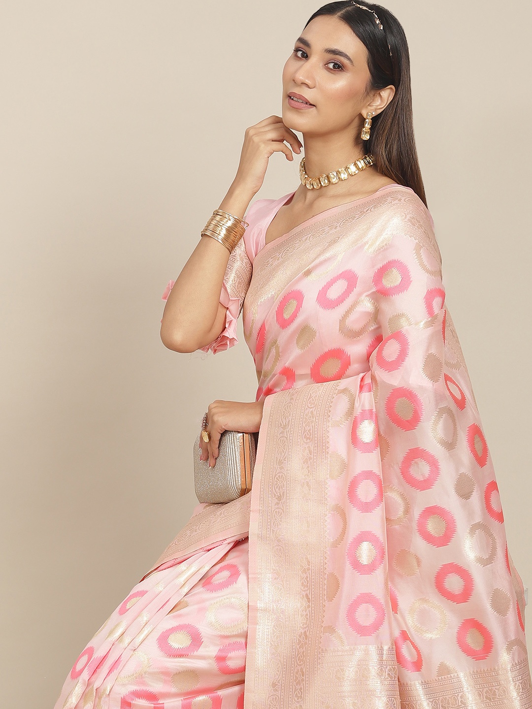 

Mitera Pink Zari Silk Blend Banarasi Saree