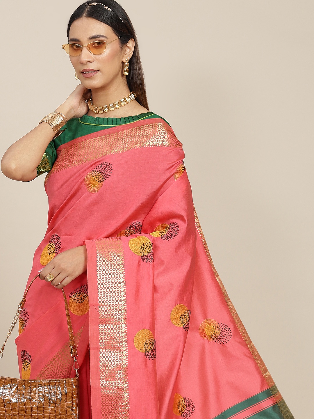 

Mitera Pink & Gold-Toned Floral Zari Silk Cotton Saree