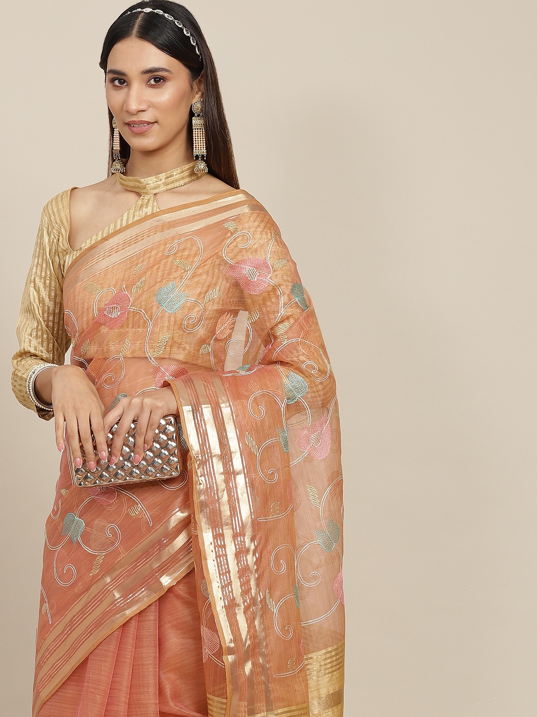 

Mitera Peach-Coloured & Blue Floral Zari Organza Saree