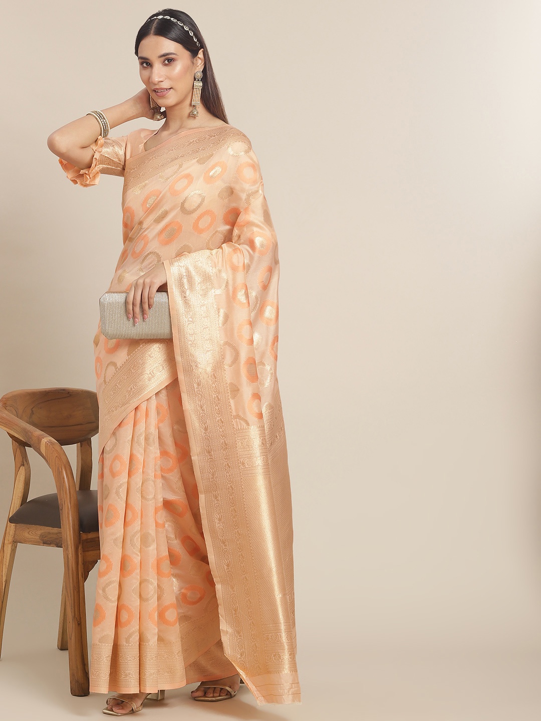 

Mitera Peach-Coloured & Gold-Toned Zari Silk Blend Banarasi Saree