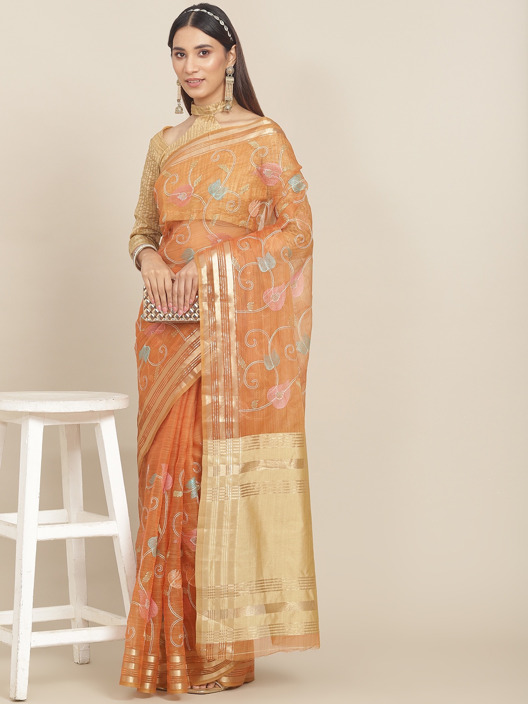 

Mitera Orange & Blue Floral Zari Organza Saree