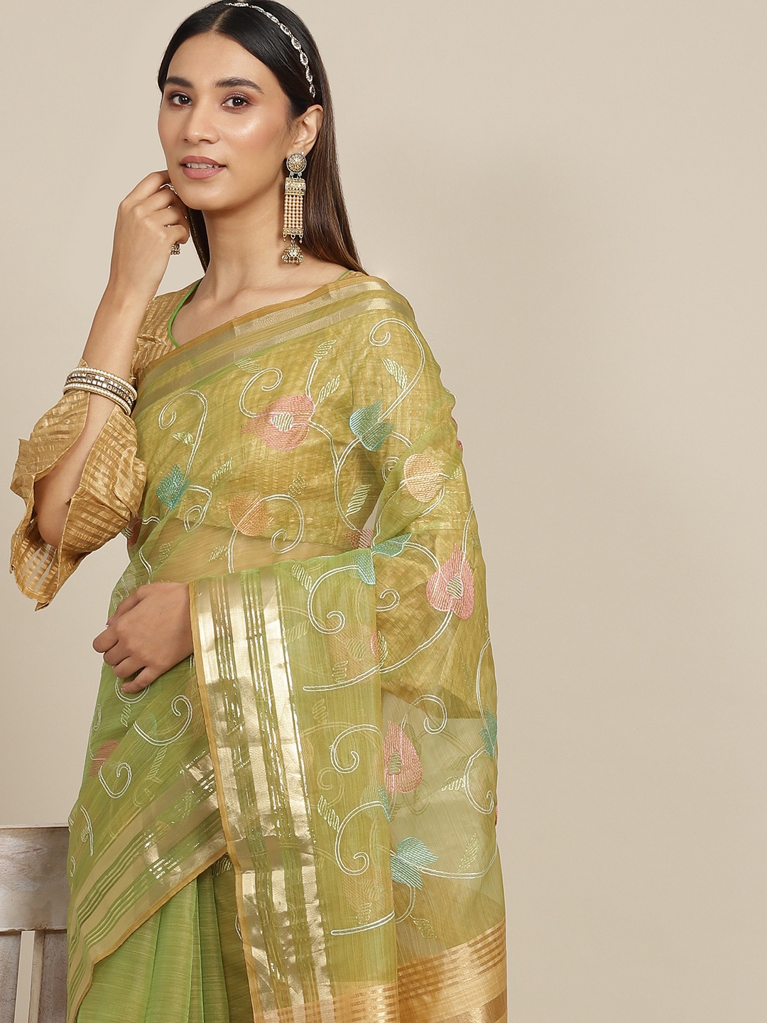

Mitera Green & Blue Floral Zari Organza Saree
