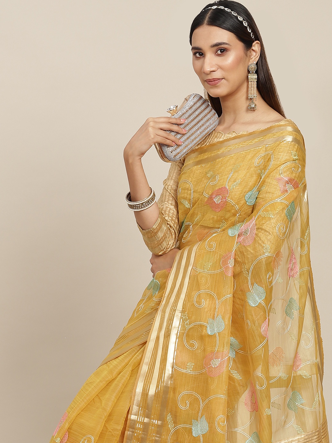 

Mitera Yellow & Blue Floral Zari Organza Saree