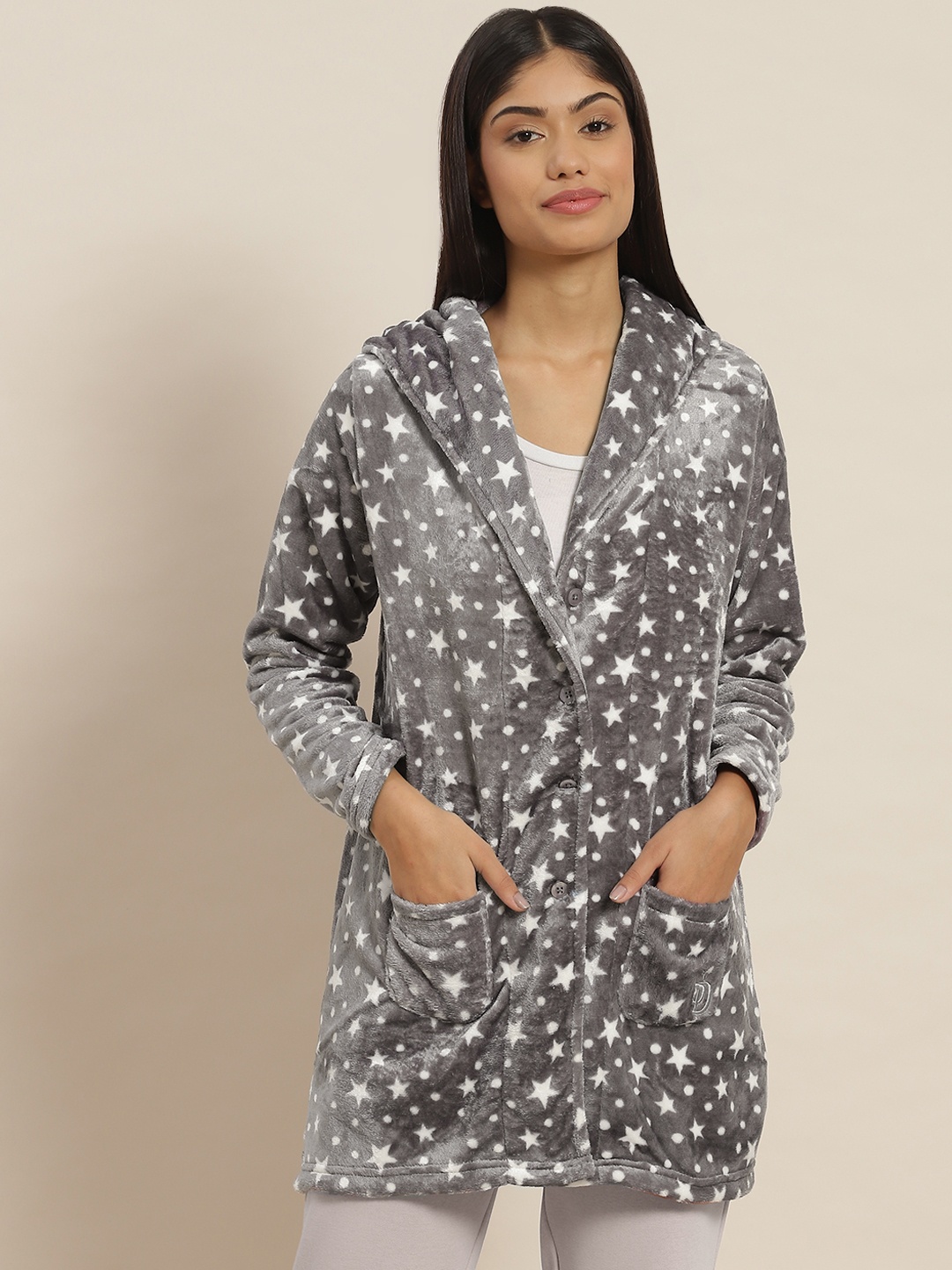 

Sweet Dreams Women Grey & White Conversational Printed Velvet Hooded Lounge Robe