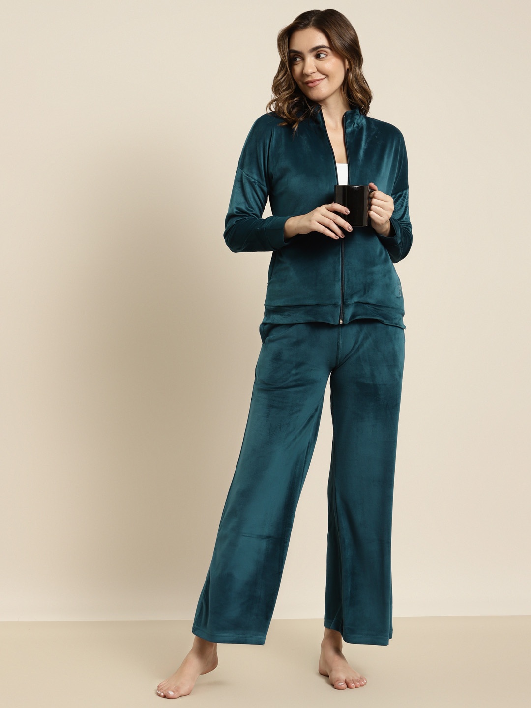

Sweet Dreams Women Teal Blue Velvet Finish Solid Nightsuit