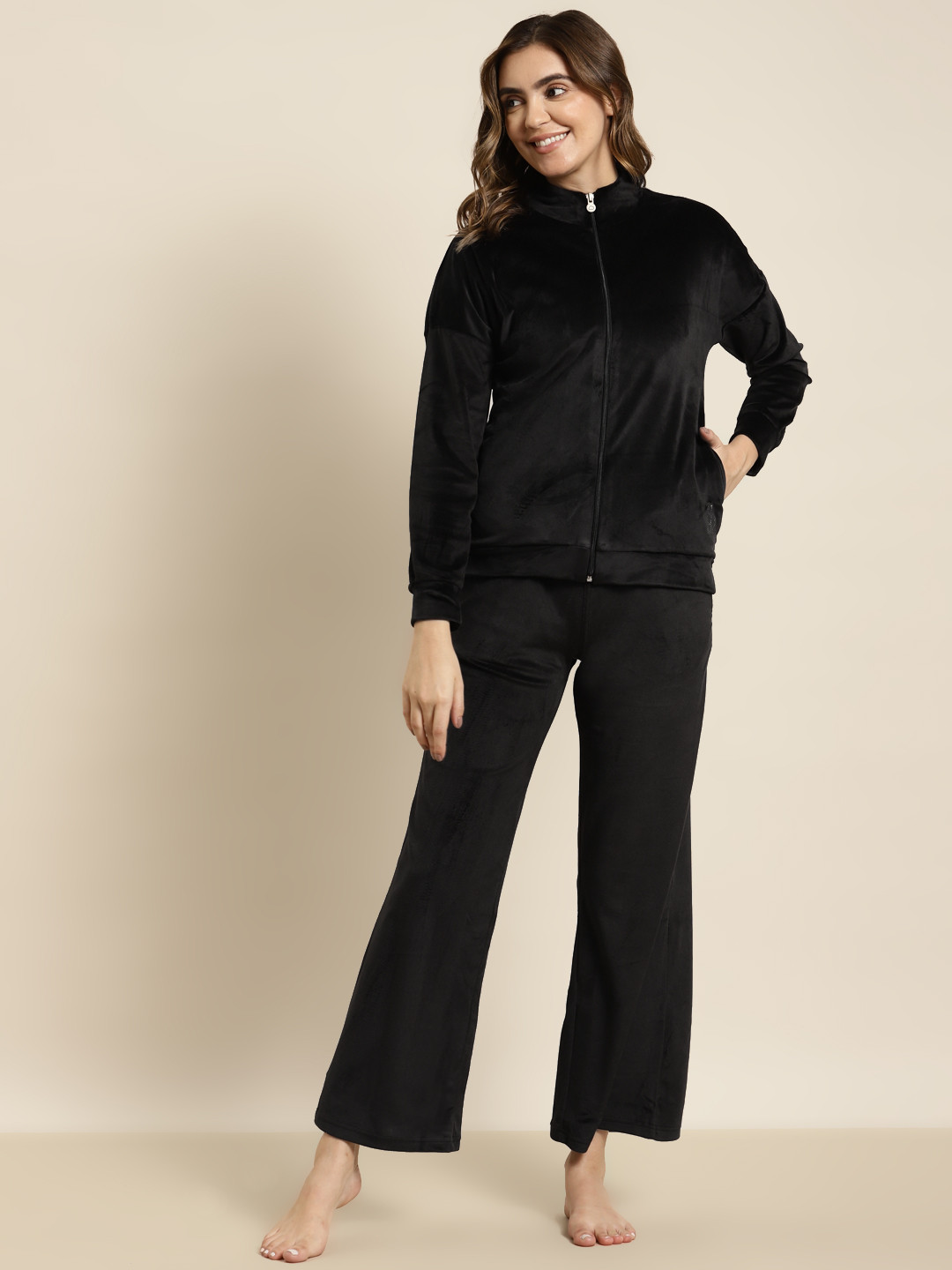 

Sweet Dreams Women Black Solid Mock Collar Velour Lounge Tracksuits