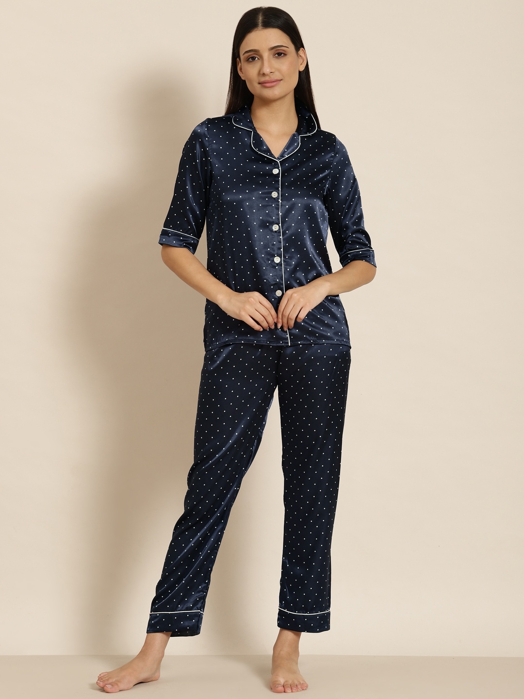 

Sweet Dreams Women Navy Blue & White Printed Pyjama Set