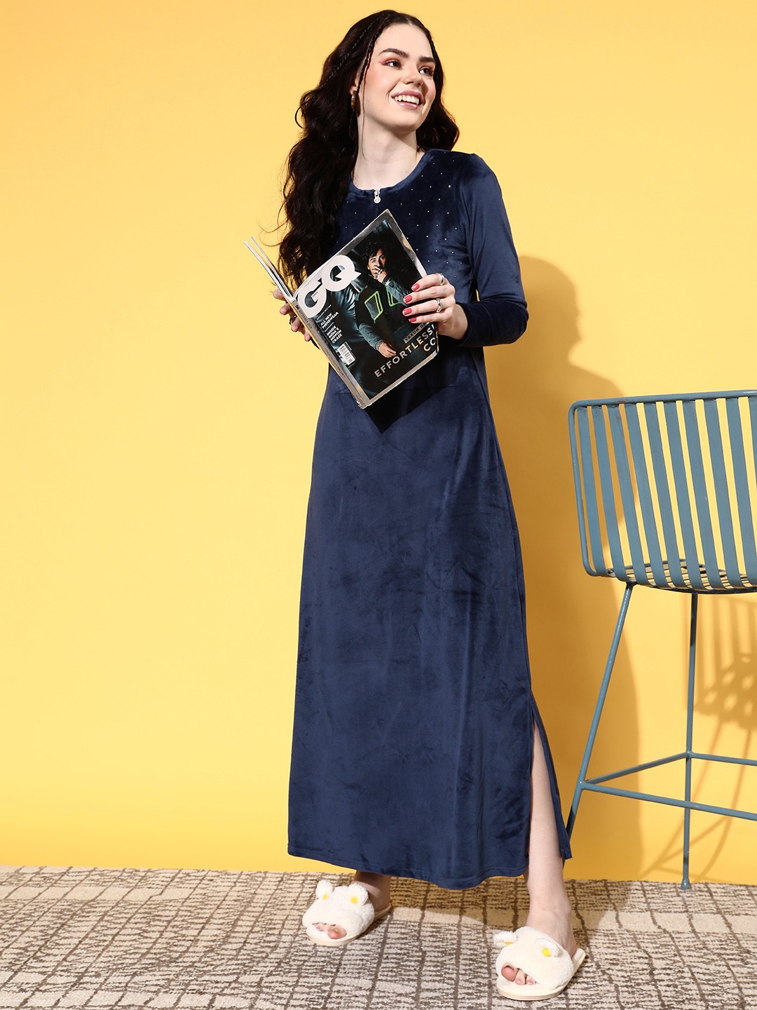 

Sweet Dreams Navy Blue Solid Velvet Night In Nightdress