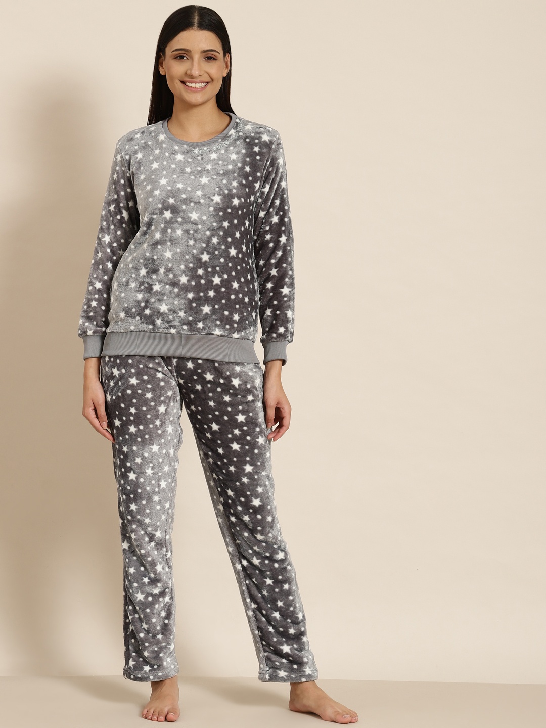 

Sweet Dreams Women Grey & White Printed Faux Fur Night suit