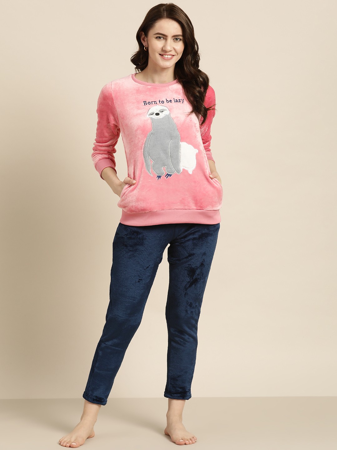

Sweet Dreams Women Pink & Navy Blue Printed Fleece Night suit