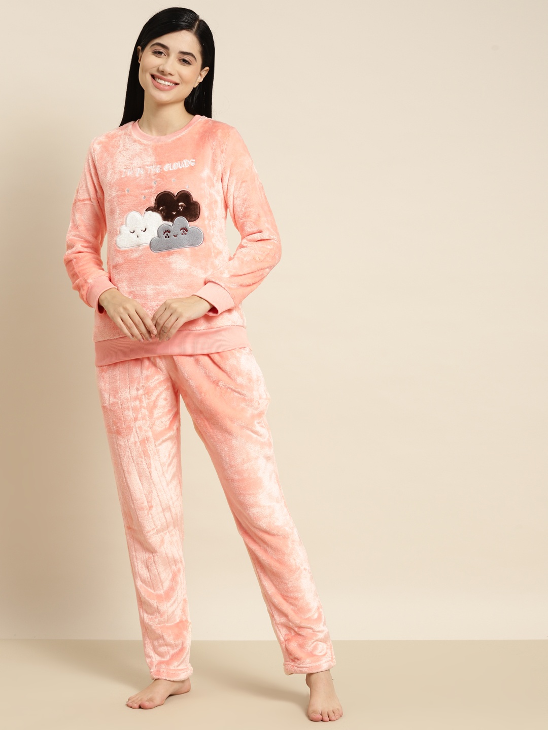 

Sweet Dreams Women Peach-Coloured Printed Winter Pyjama Set