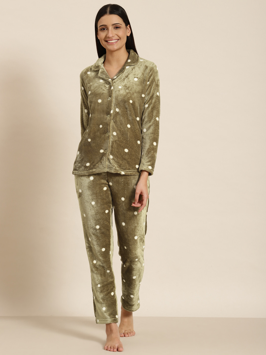 

Sweet Dreams Women Olive Green & White Printed Faux Fur Night suit