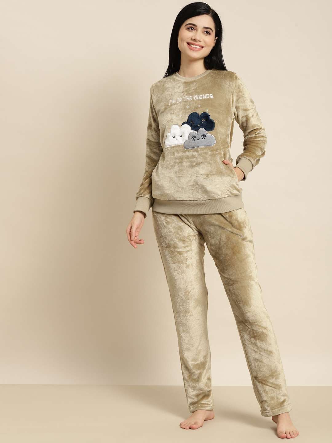 

Sweet Dreams Women Beige Printed Winter Pyjama Set