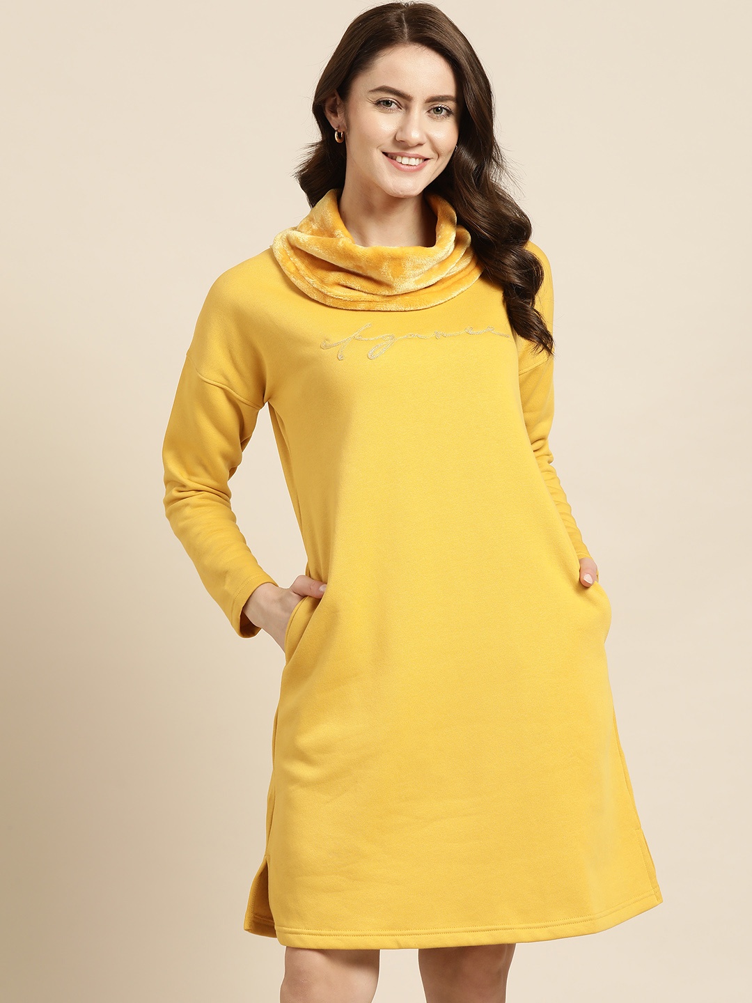 Sweet Dreams Mustard Yellow Embroidered Turtle Neck Fleece Nightdress