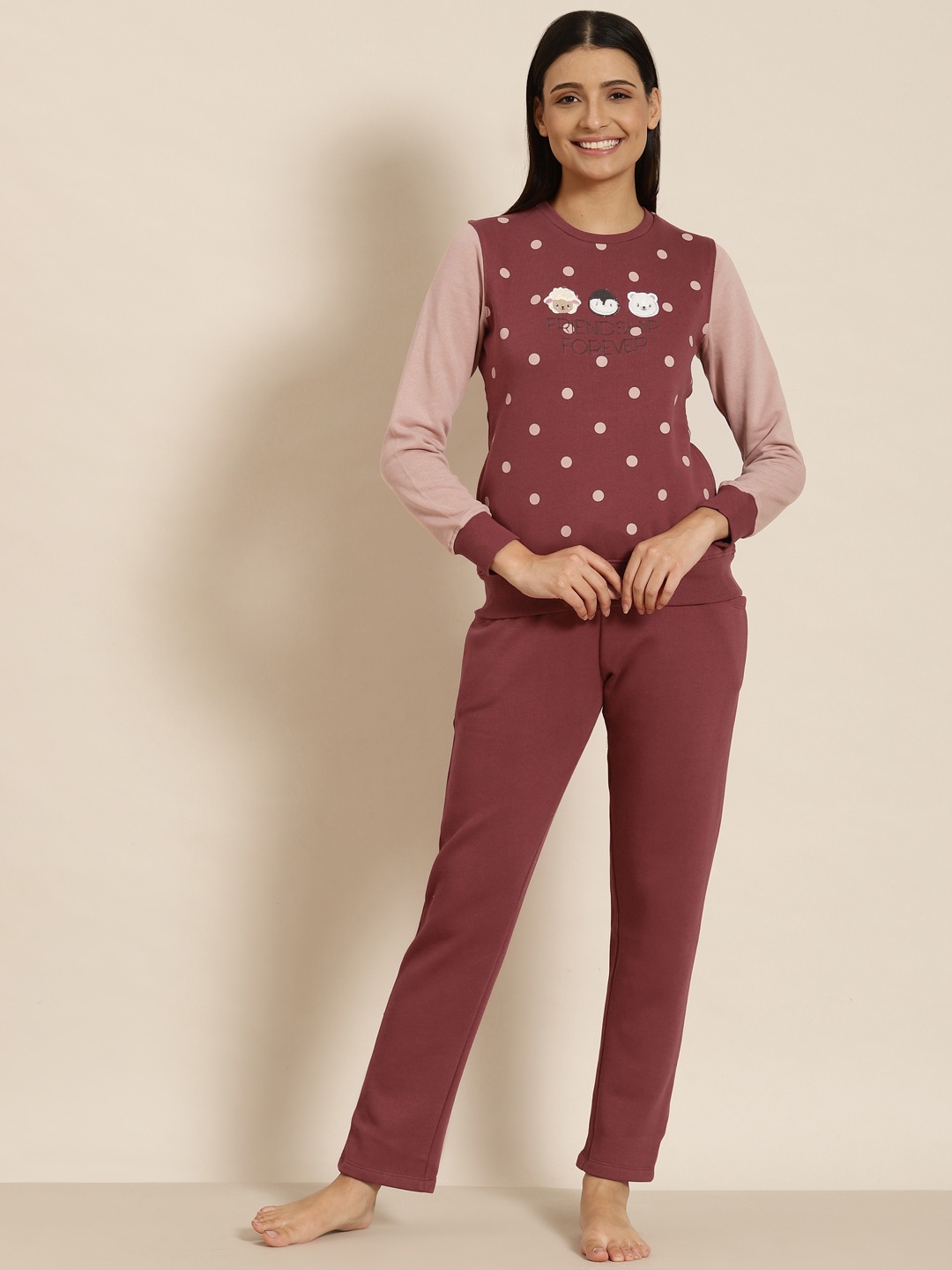 

Sweet Dreams Women Maroon & Pink Polka Dot Printed Pyjama Set